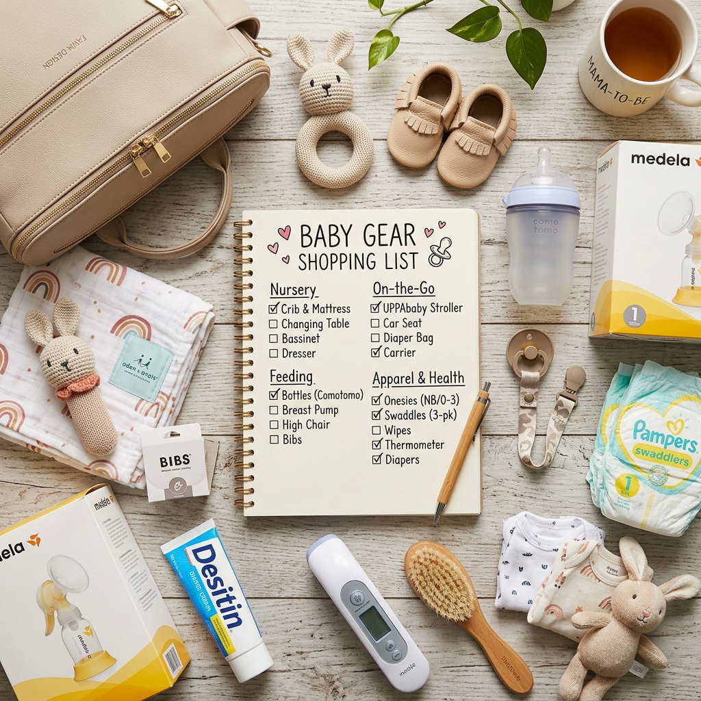 Baby gear shopping list with checked items and various baby essentials including bottles, diapers, clothes, and toys