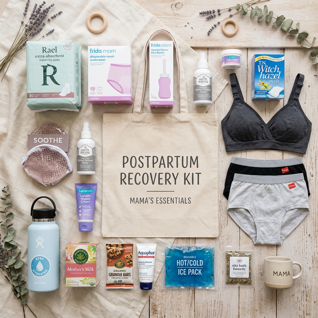 Postpartum recovery kit including maternity pads, disposable underwear, nipple cream, granola bars, ice pack, and nursing bra