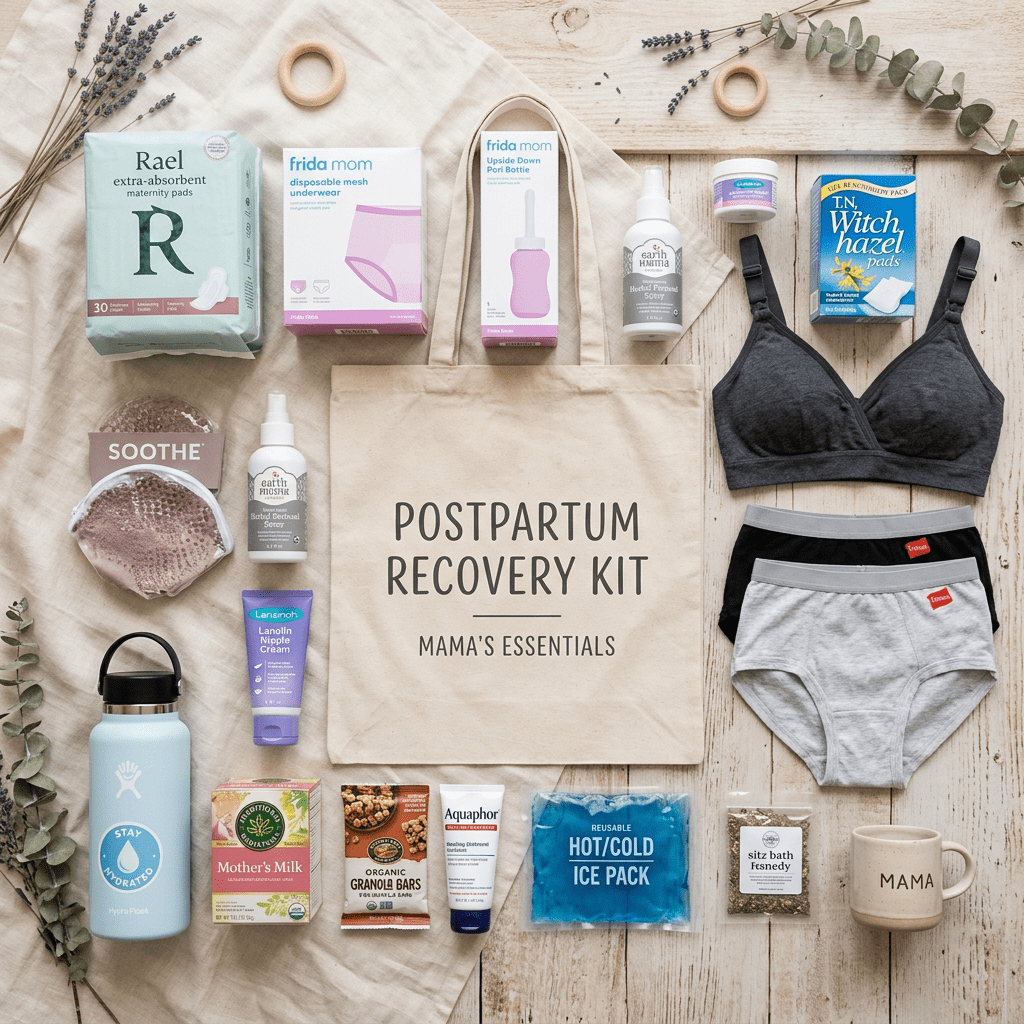 Postpartum recovery kit including maternity pads, disposable underwear, nipple cream, granola bars, ice pack, and nursing bra